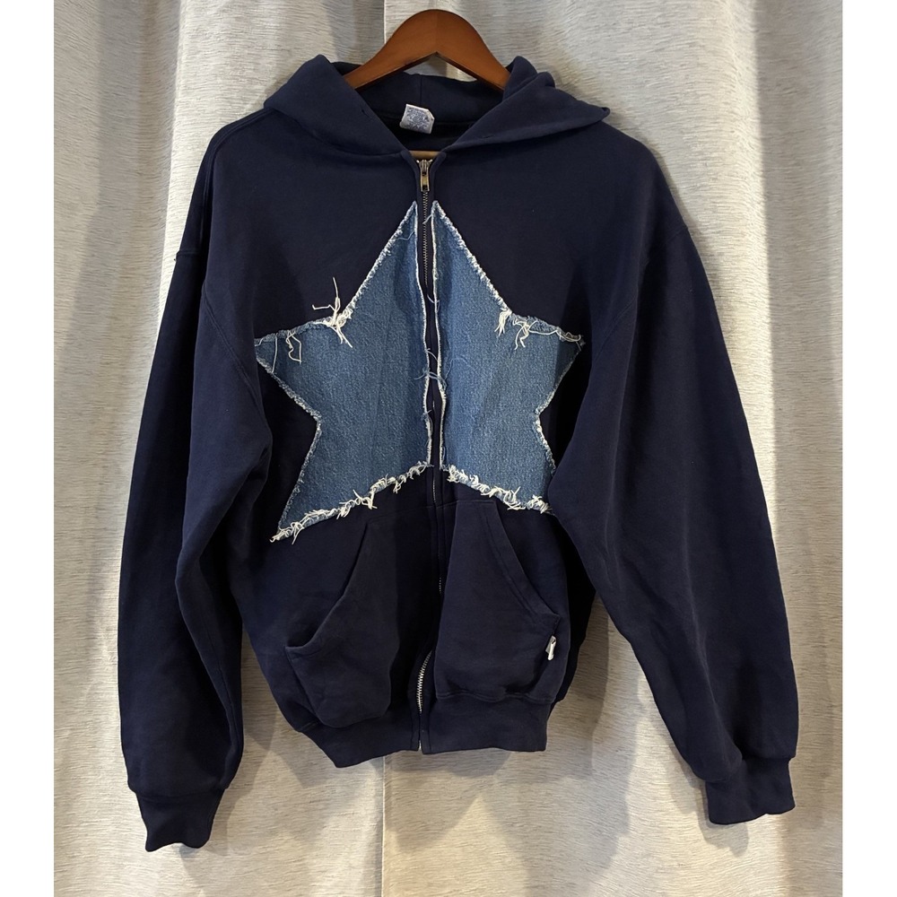 Russell Athletic Women Denim Star Zip Hoodie Sweatshirt Navy Blue Y2K Size M